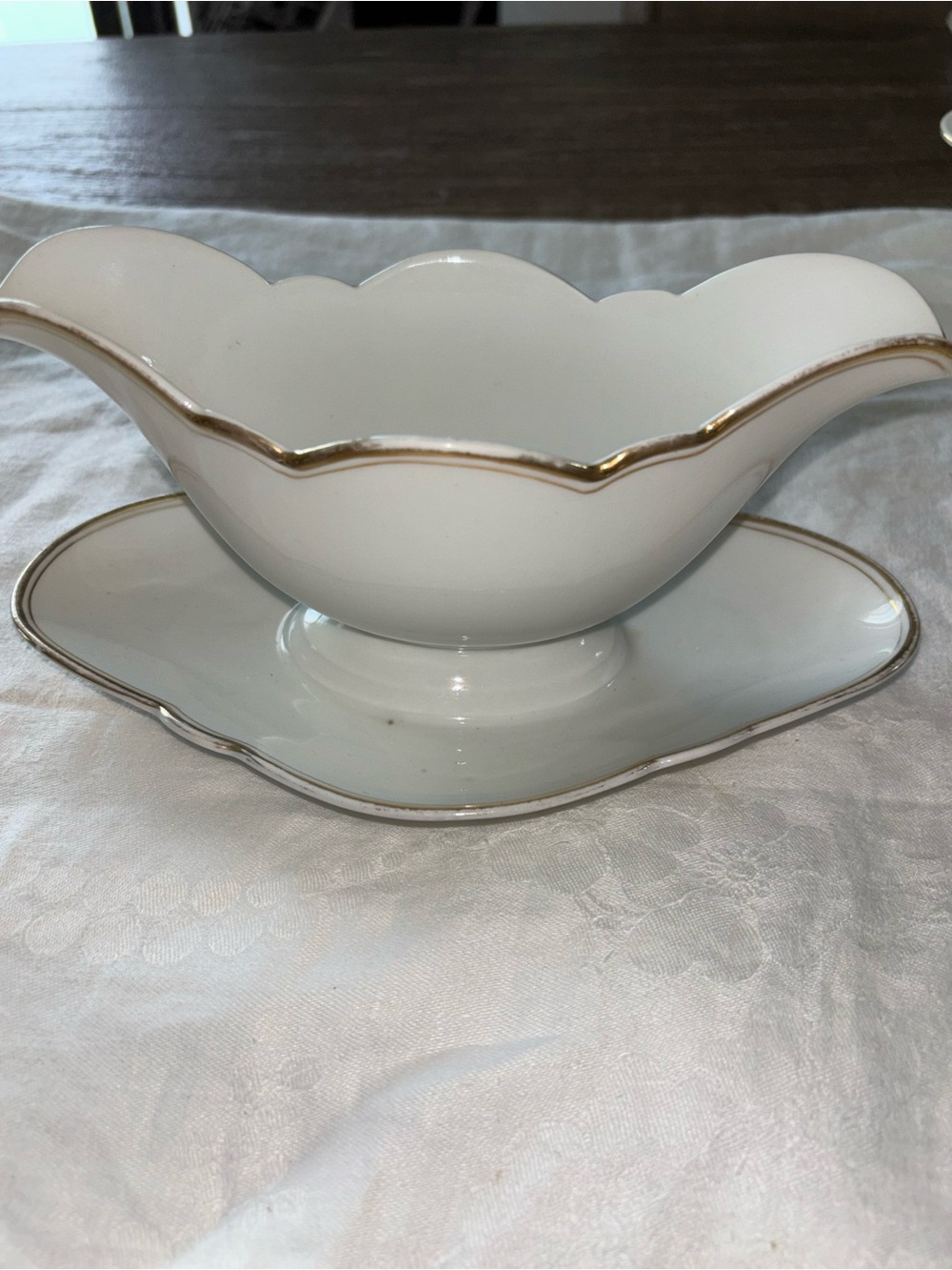 Elegant White Porcelain Gravy Boat with Gold Trim